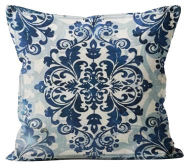 Rental store for blue and white damask pillow in Portland Oregon